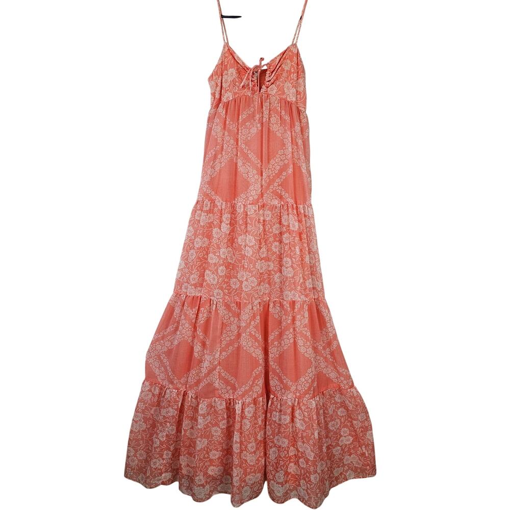 VTG maxi Dress coral cream floral tiered boho cottage prairie Jr 3/4 as is